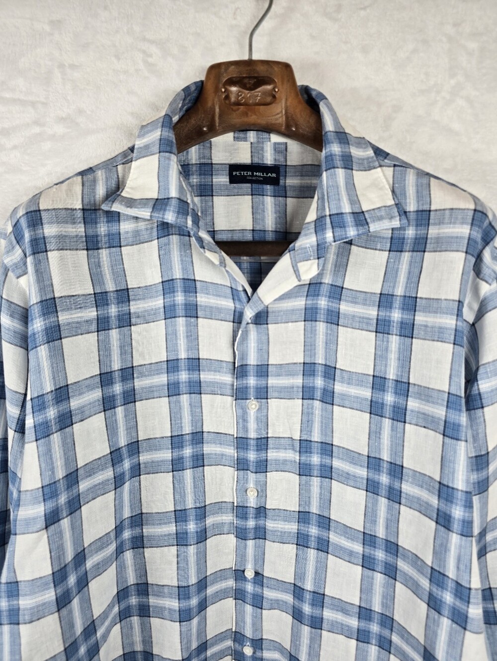 Peter Millar 100% Linen Blue Plaid Button Down Shirt Long Sleeve Sz. XL - Picture 4 of 15